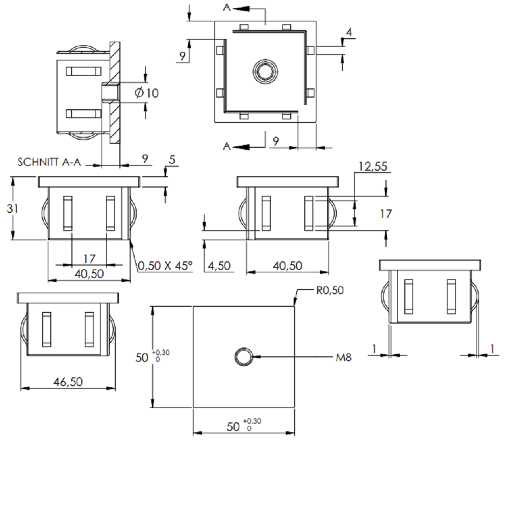 Stahleinschlagstopfen für Quadratrohr 50 x 50mm, mit Wandstärke 2,0-3,0mm, flach, mit Gewinde M8 für Quadratrohr