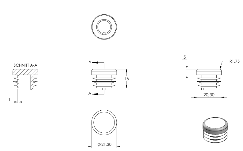 Kunststoff Einsteckkappe für Rundrohr ø 21,3mm mit Wandstärke 1,0-2,5mm, in Grau
