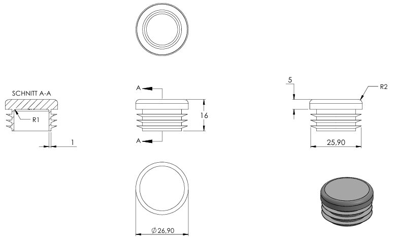 Kunststoff Einsteckkappe für Rundrohr ø 26,9mm mit Wandstärke 1,0-2,0mm, in Grau