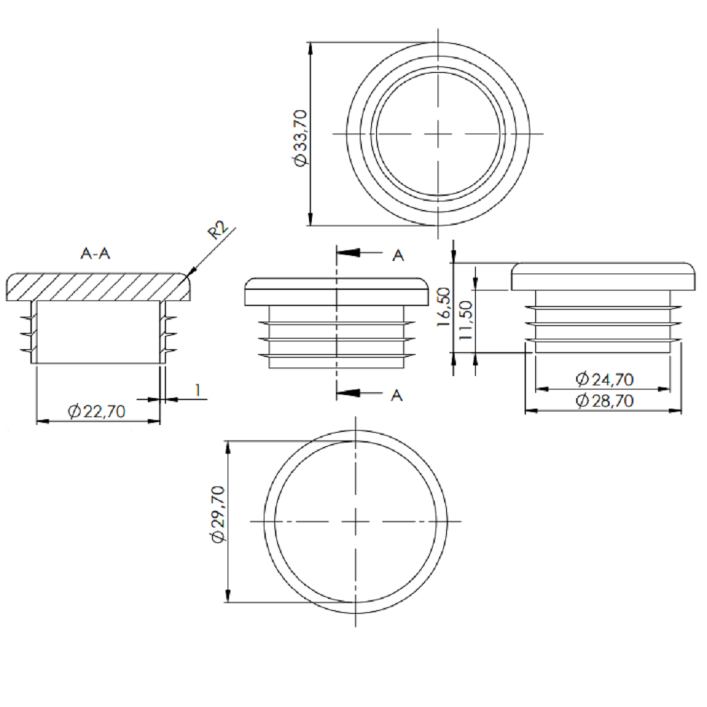 Kunststoff Einsteckkappe für Rundrohr ø 33,7mm mit Wandstärke 2,5-4,0mm, in Schwarz