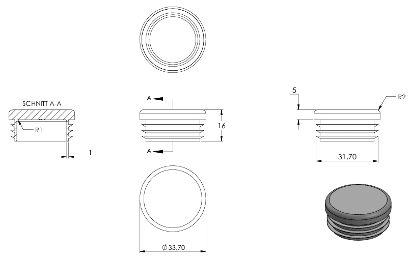 Kunststoff Einsteckkappe für Rundrohr ø 33,7mm mit Wandstärke 1,0-2,0mm, in Grau