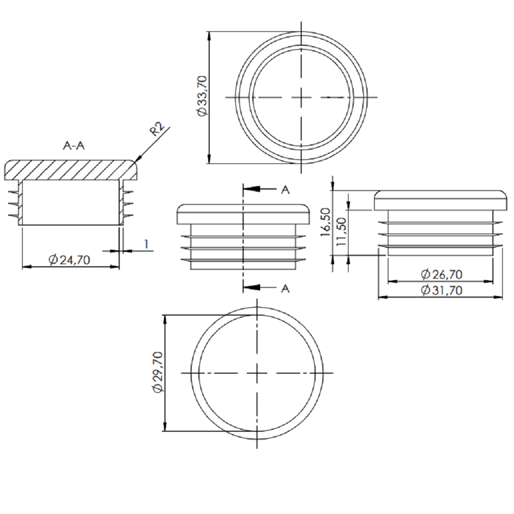 Kunststoff Einsteckkappe für Rundrohr ø 33,7mm mit Wandstärke 1,0-2,0mm, in Schwarz