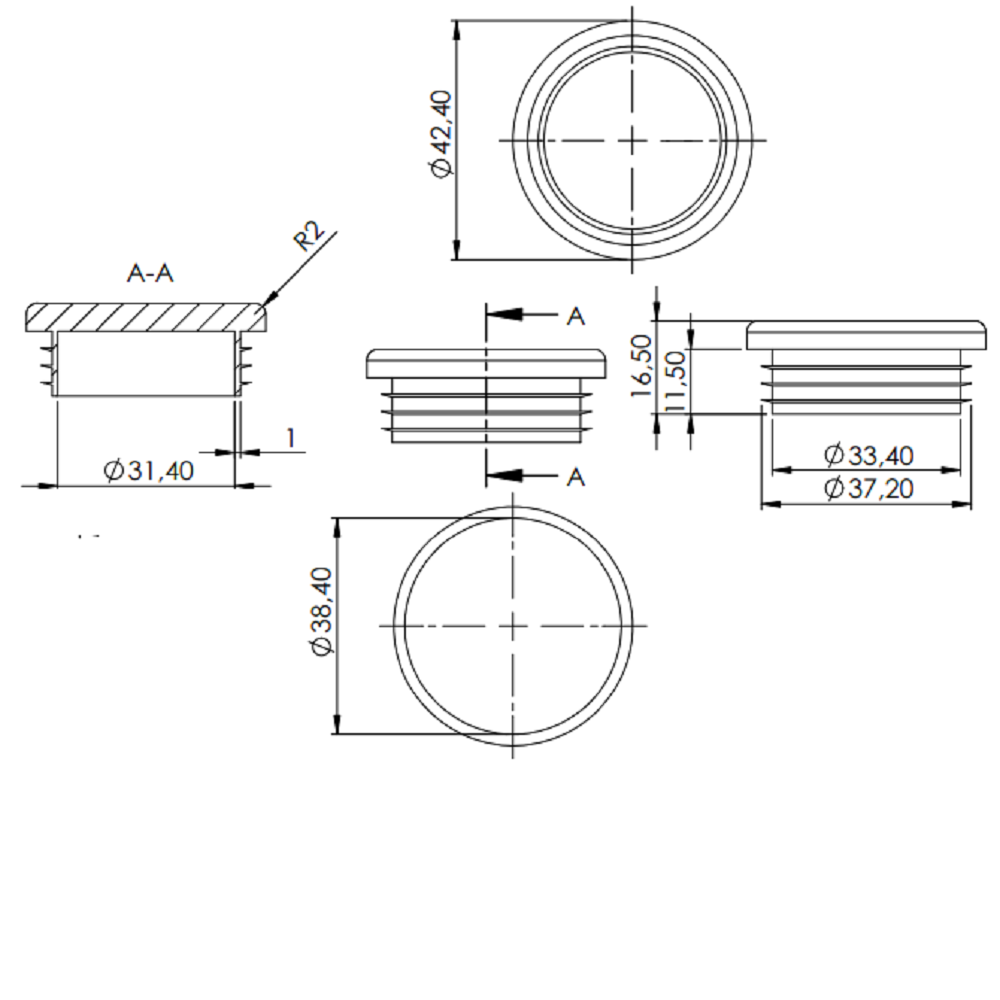 Kunststoff Einsteckkappe für Rundrohr ø 42,4mm mit Wandstärke 2,5-4,0mm, in Schwarz