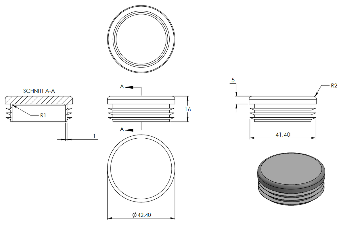 Kunststoff Einsteckkappe für Rundrohr ø 42,4mm mit Wandstärke 1,0-2,0mm, in Anthrazitgrau