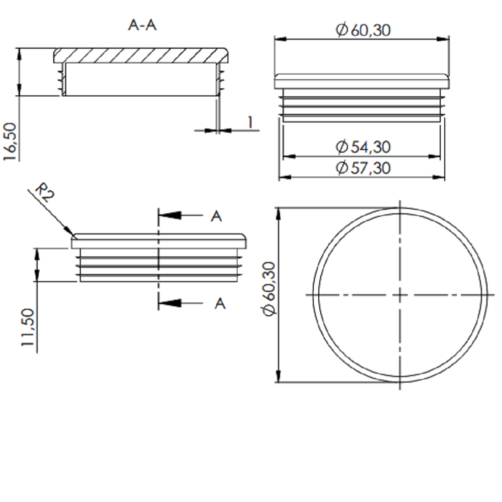 Kunststoff Einsteckkappe für Rundrohr ø 60,3mm mit Wandstärke 1,5-2,5mm, in Schwarz