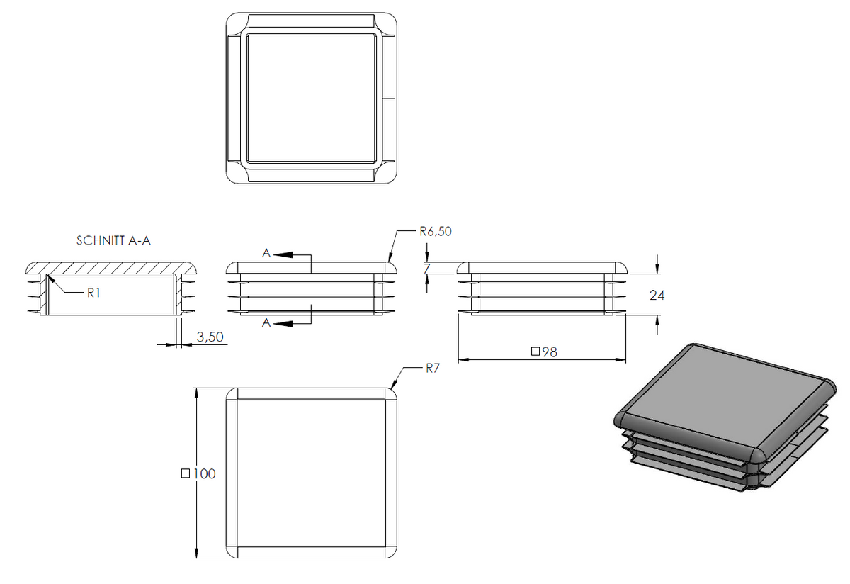 Kunststoff Einsteckkappe für Vierkantrohre 100 x 100mm mit Wandstärke 1,0-4,0mm, in Anthrazitgrau
