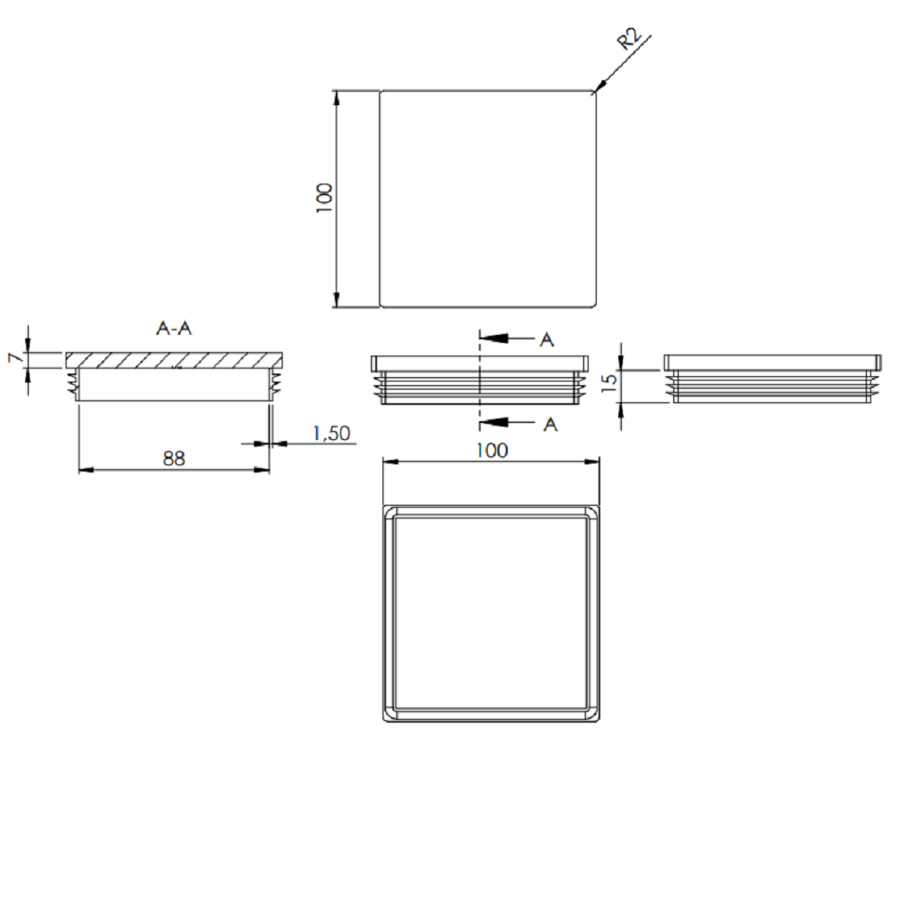 Kunststoff Einsteckkappe für Vierkantrohre 100 x 100mm mit Wandstärke 1,0-4,0mm, in Schwarz