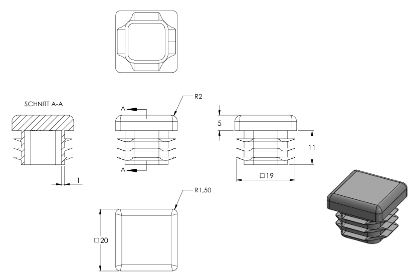 Kunststoff Einsteckkappe für Vierkantrohre 20 x 20mm mit Wandstärke 1,5-2,0mm in Grau