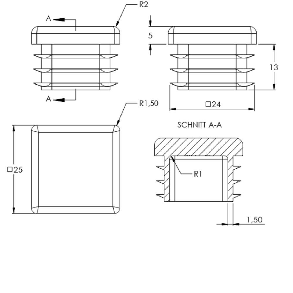 Kunststoff Einsteckkappe für Vierkantrohre 25 x 25mm mit Wandstärke 1,5-2,0mm, in Schwarz