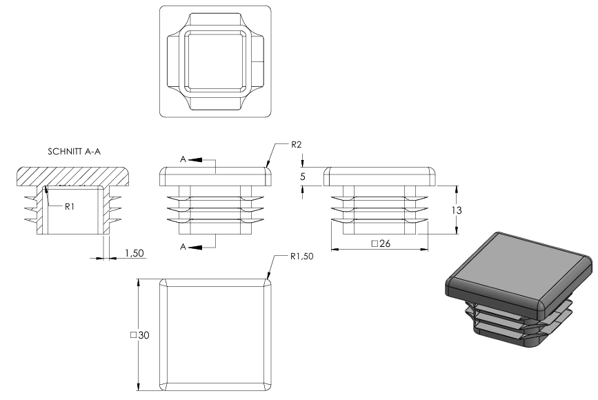 Kunststoff Einsteckkappe für Vierkantrohre 30 x 30mm mit Wandstärke 2,5-4,0mm, in Schwarz