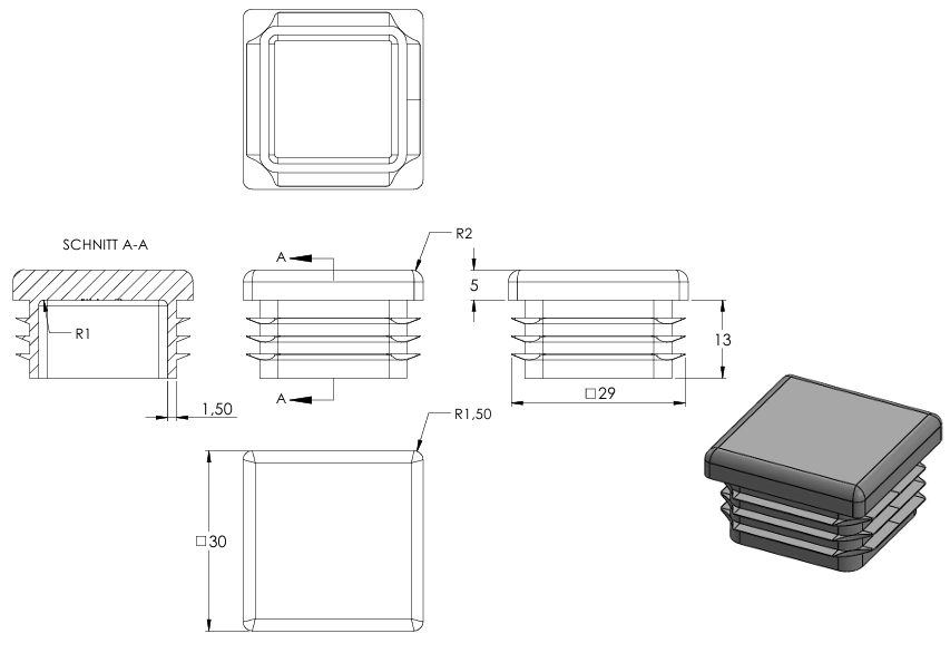 Kunststoff Einsteckkappe für Vierkantrohre 30 x 30mm mit Wandstärke 1,5-2,0mm in Grau
