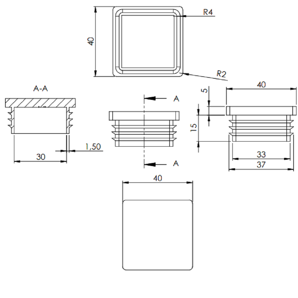 Kunststoff Einsteckkappe für Vierkantrohre 40 x 40mm mit Wandstärke 1,5-2,0mm, in Schwarz