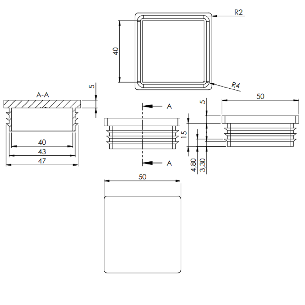 Kunststoff Einsteckkappe für Vierkantrohre 50 x 50mm mit Wandstärke 1,5-2,0mm, in Schwarz
