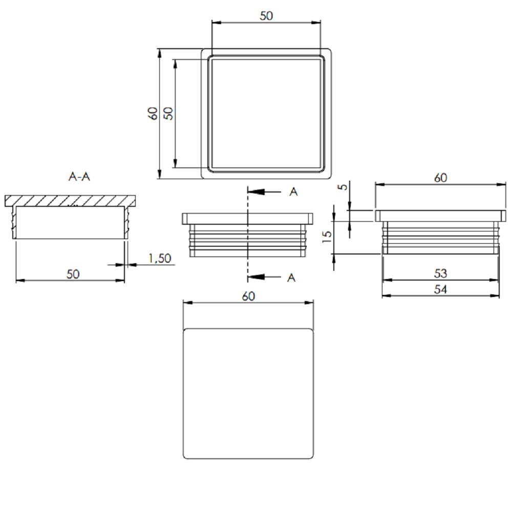 Kunststoff Einsteckkappe für Vierkantrohre 60 x 60mm mit Wandstärke 3,0mm, in Schwarz