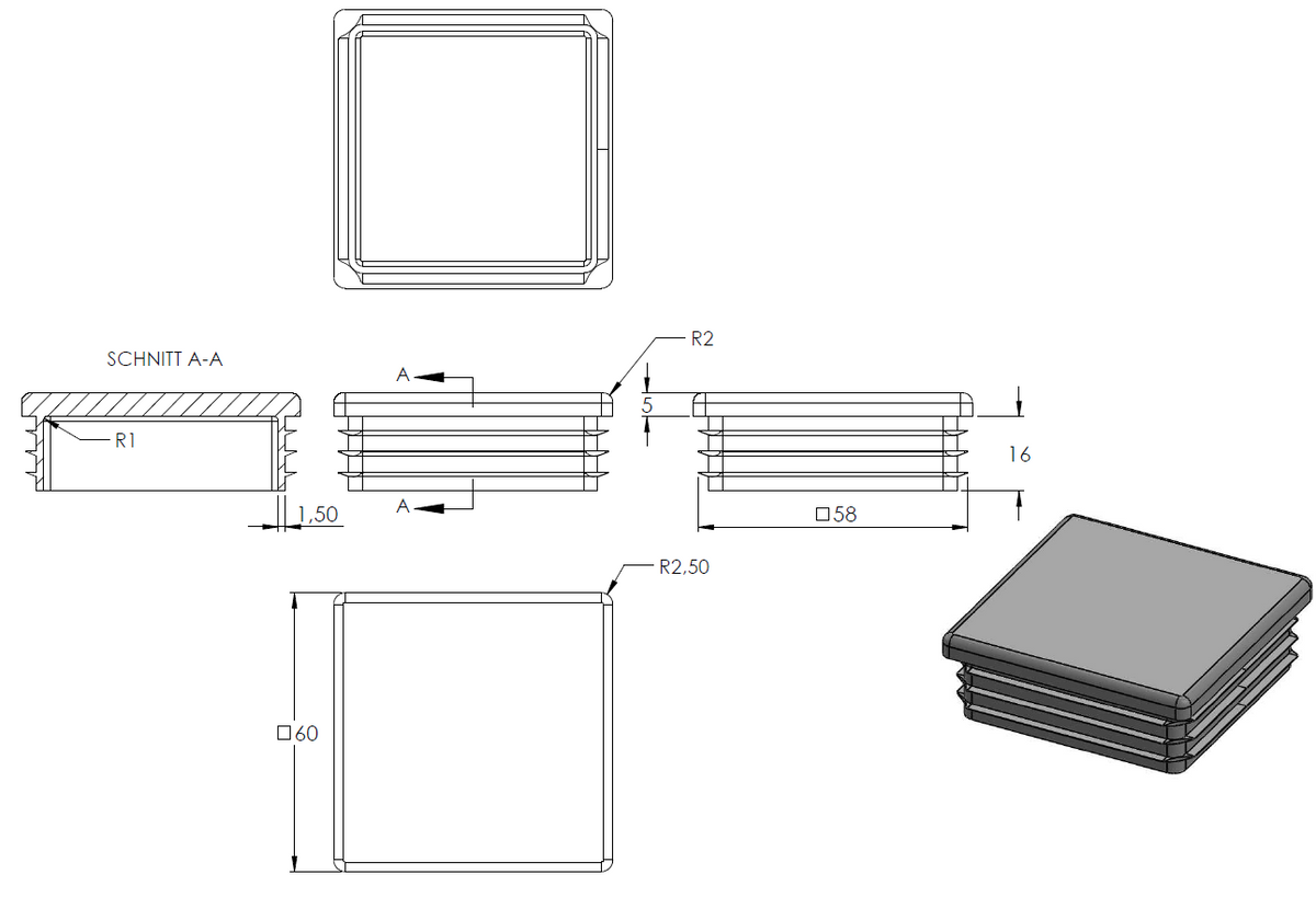 Kunststoff Einsteckkappe für Vierkantrohre 60 x 60mm mit Wandstärke 1,5-3,5mm, in Anthrazitgrau