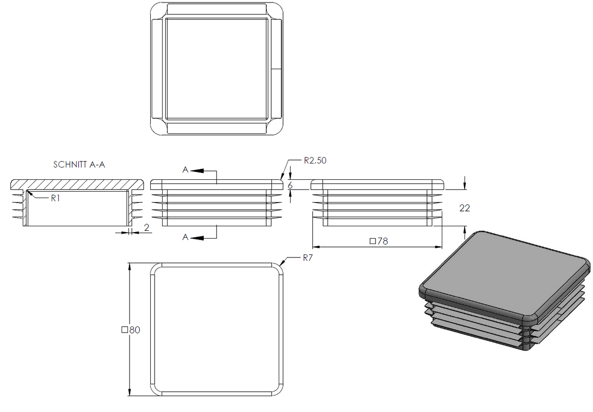 Kunststoff Einsteckkappe für Vierkantrohre 80 x 80mm mit Wandstärke 2,0-4,0mm, in Anthrazitgrau