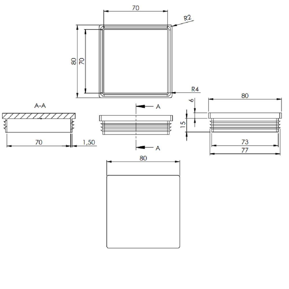 Kunststoff Einsteckkappe für Vierkantrohre 80 x 80mm mit Wandstärke 2,0-4,0mm, in Schwarz