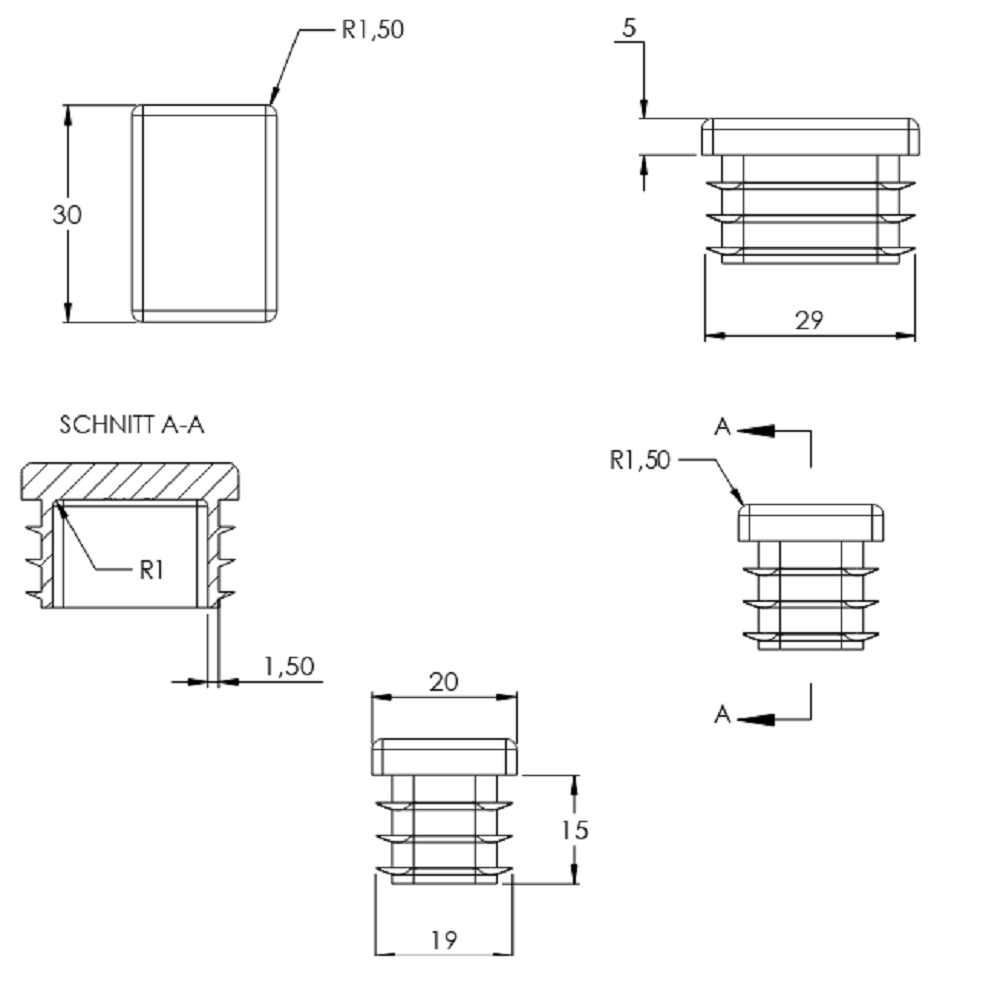 Kunststoff Einsteckkappe für Rechteckrohre 30 x 20mm mit Wandstärke 1,5-2,0mm, in Schwarz