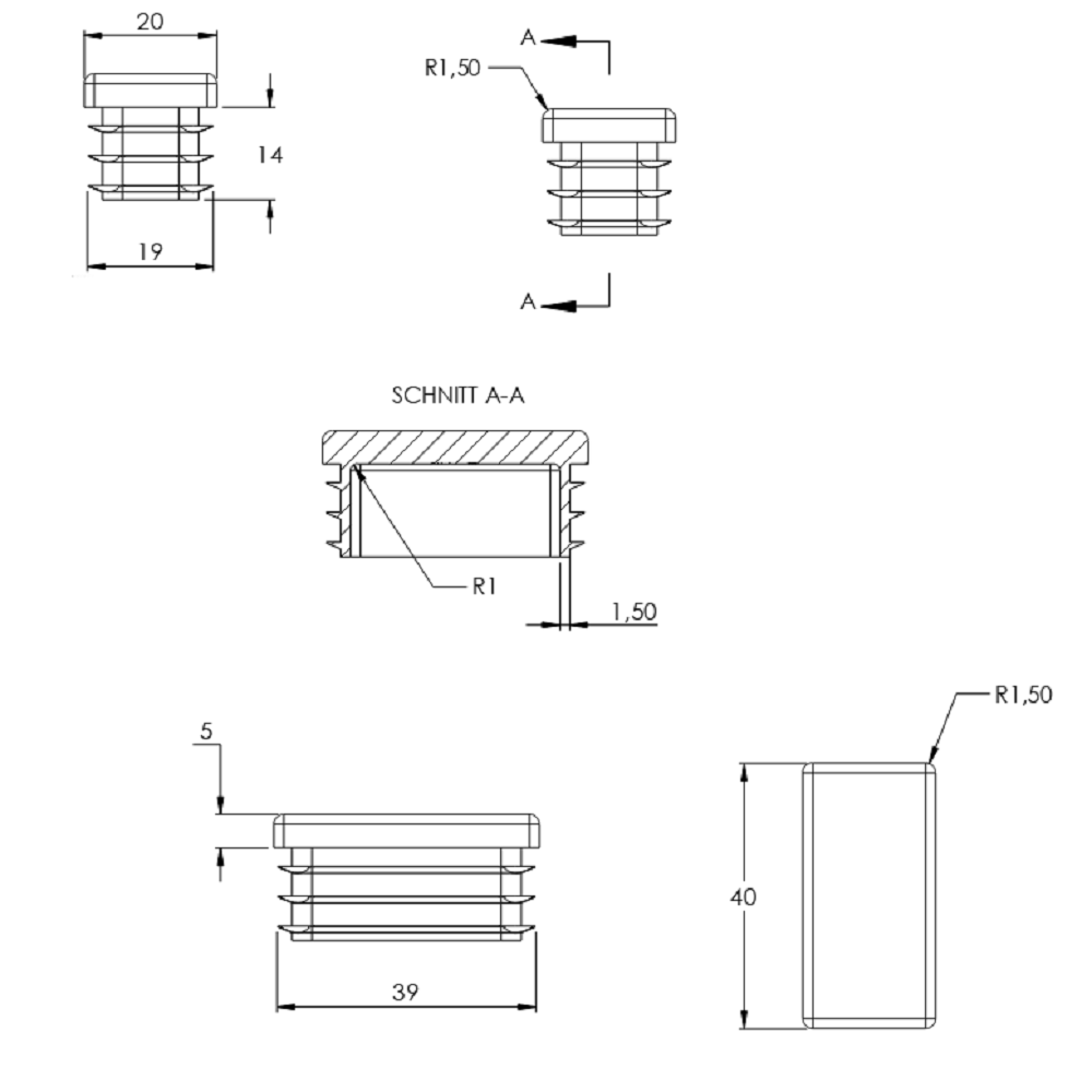 Kunststoff Einsteckkappe für Rechteckrohre 40 x 20mm mit Wandstärke 1,5-2,0mm, in Schwarz