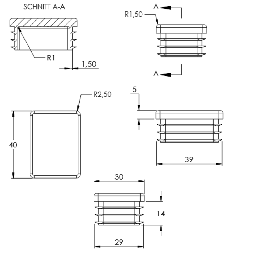 Kunststoff Einsteckkappe für Rechteckrohre 40 x 30mm mit Wandstärke 1,5-2,0mm, in Schwarz