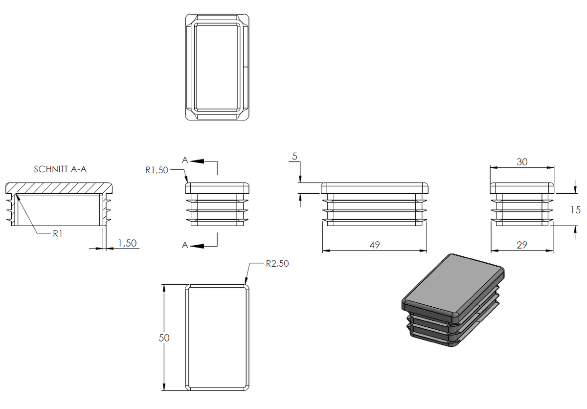 Kunststoff Einsteckkappe für Rechteckrohre 50 x 30mm mit Wandstärke 1,5-2,0mm, in Anthrazitgrau