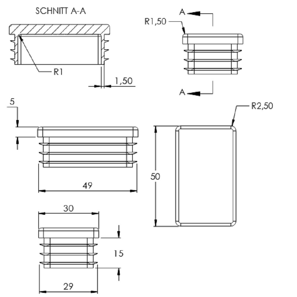 Kunststoff Einsteckkappe für Rechteckrohre 50 x 30mm mit Wandstärke 1,5-2,0mm, in Schwarz