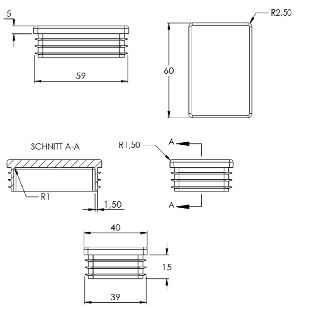 Kunststoff Einsteckkappe für Rechteckrohre 60 x 40mm mit Wandstärke 1,5-2,0mm, in Schwarz