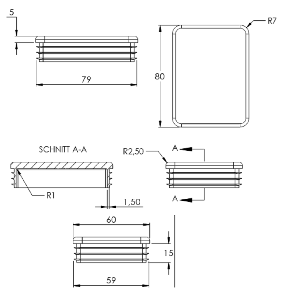 Kunststoff Einsteckkappe für Rechteckrohre 80 x 60mm mit Wandstärke 2,5-3,0mm, in Schwarz