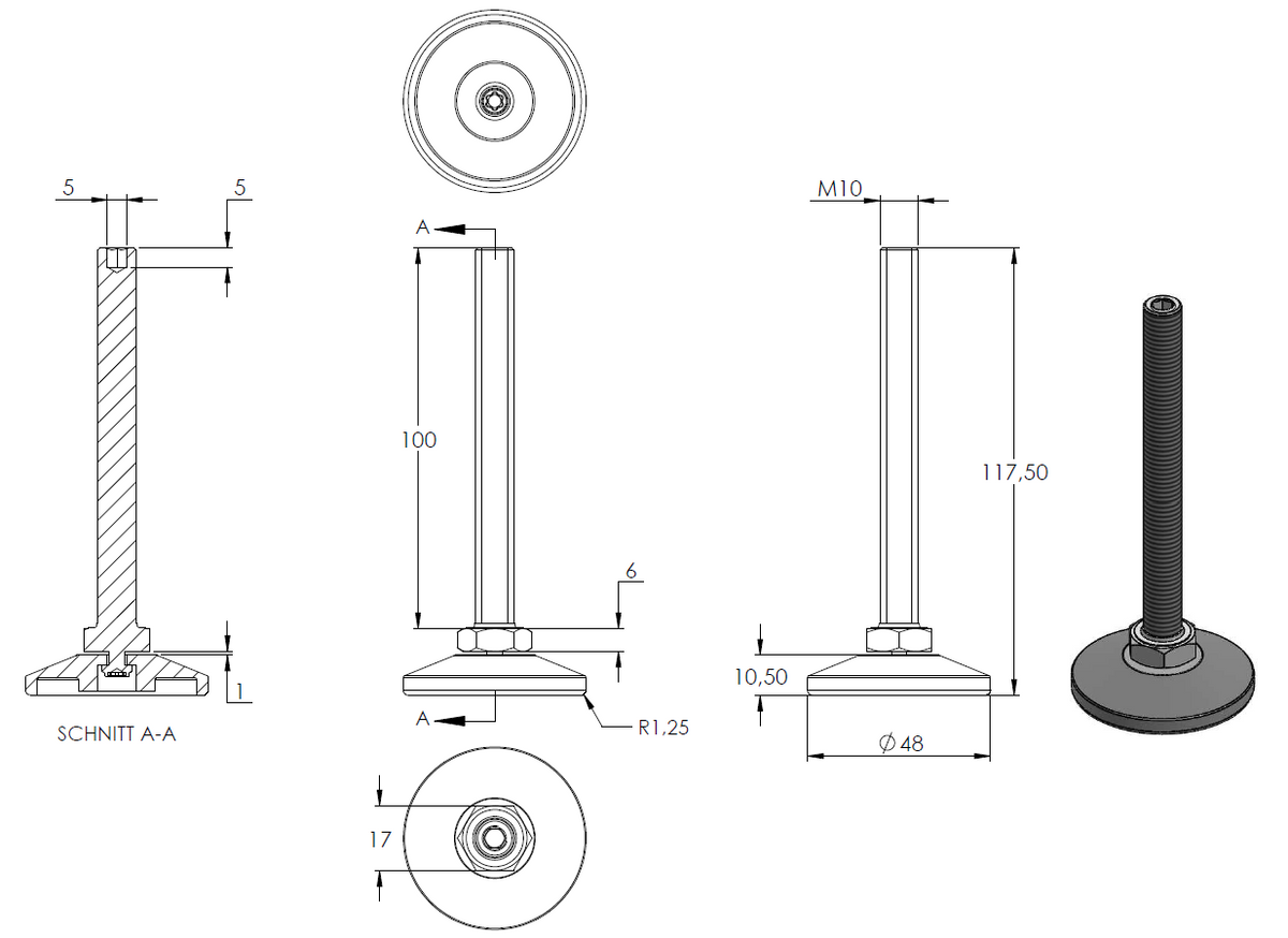 Stellfuß aus Kunststoff, M10 x 100, mit Justierschraube, mit Fuß ø 48mm