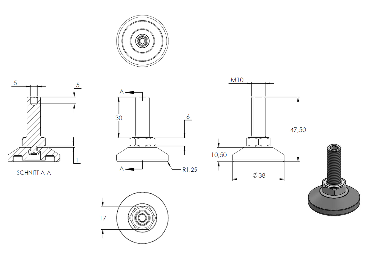 Stellfuß aus Kunststoff, M10 x 30, mit Justierschraube, mit Fuß ø 38mm
