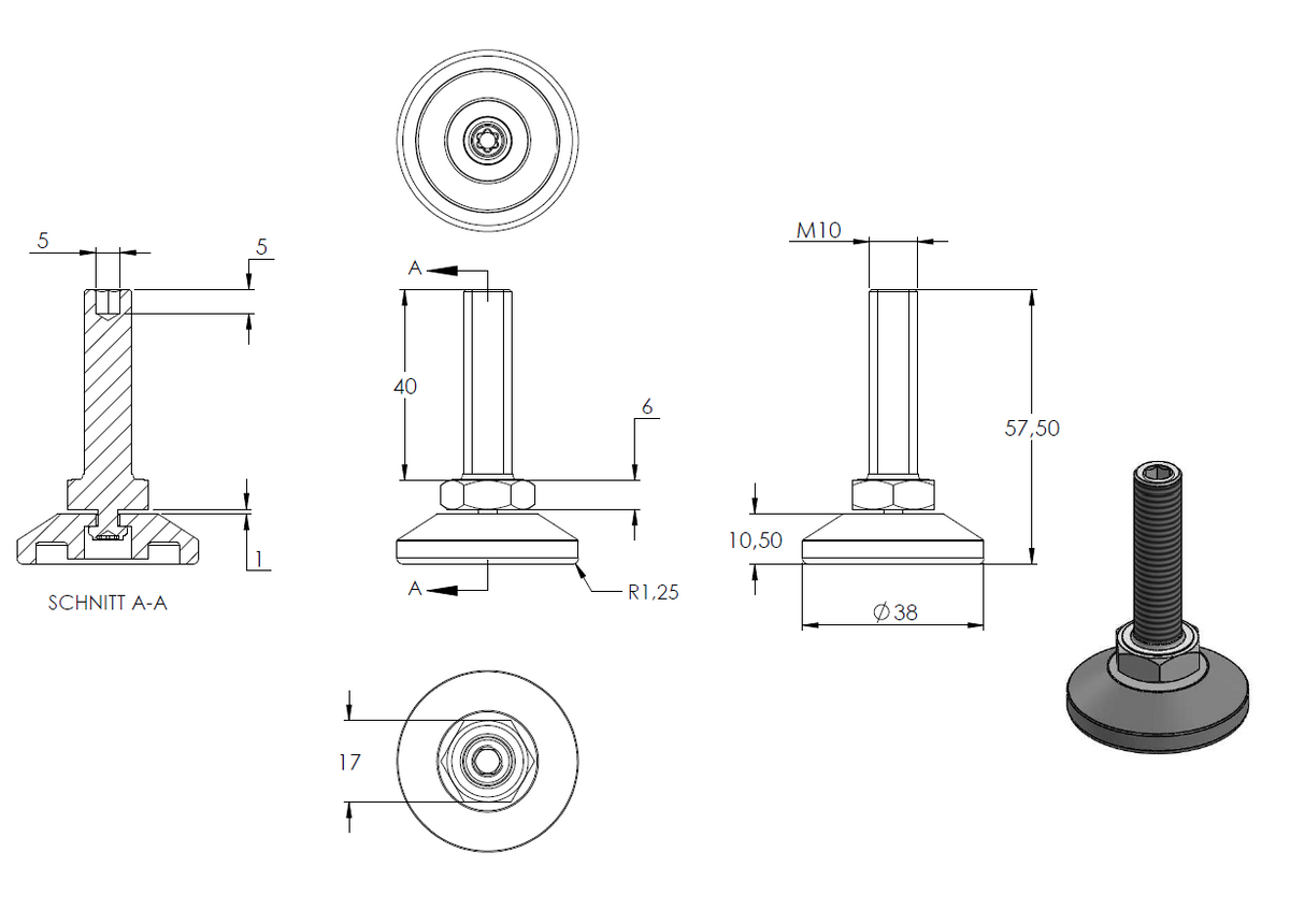 Stellfuß aus Kunststoff, M10 x 40, mit Justierschraube, mit Fuß ø 38mm