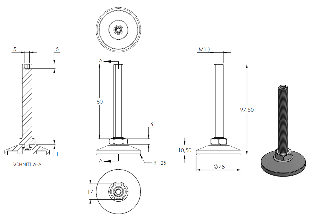 Stellfuß aus Kunststoff, M10 x 80, mit Justierschraube, mit Fuß ø 48mm