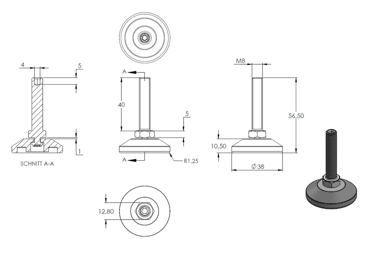 Stellfuß aus Kunststoff, M8 x 40, mit Justierschraube, mit Fuß ø 38mm