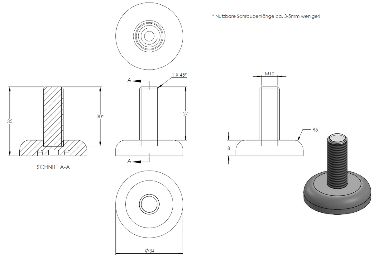 Stellfuß aus Kunststoff, M10 x 27, mit Bodenausgleichschraube, mit Fuß ø 34mm