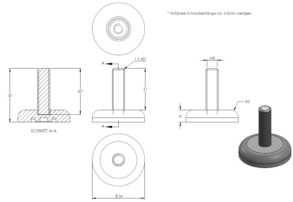 Stellfuß aus Kunststoff, M8 x 27, mit Bodenausgleichschraube, mit Fuß ø 34mm