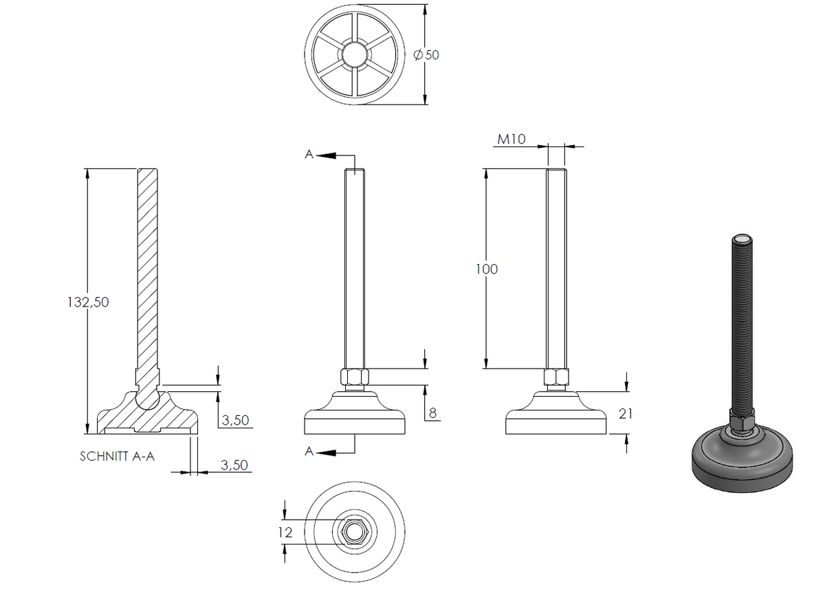 Schwerlast-Maschinenfuß mit Kugelgelenk, M10 x 100, mit Fuß ø 50mm