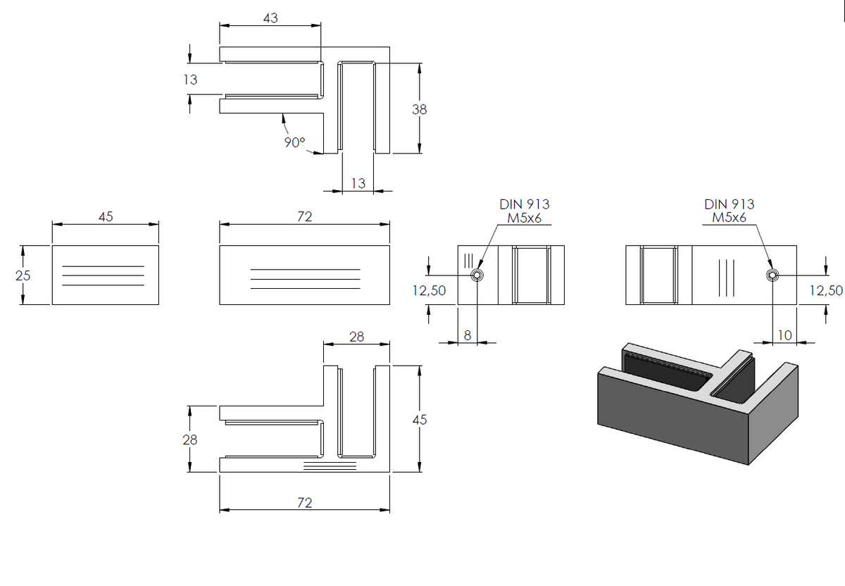 Glasverbinder 90°, für Glas 12,00 - 12,76mm, V4A