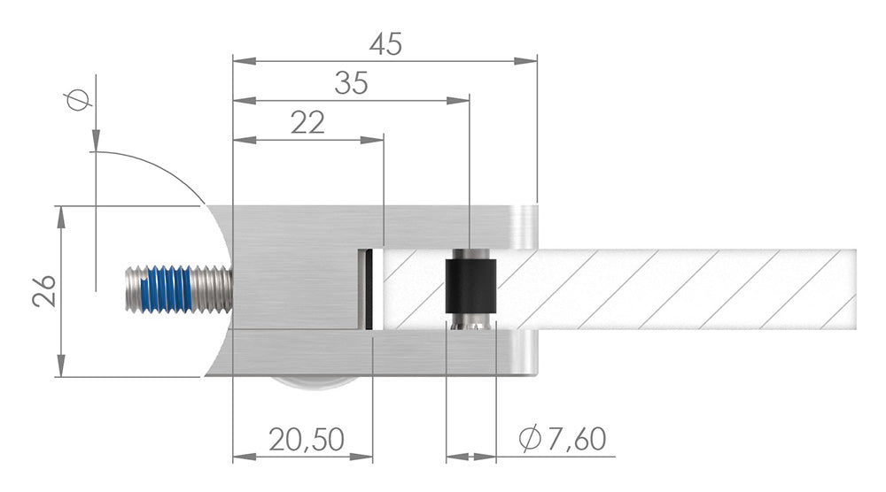Glasklemme Modell 31, Anschluss für ø 48,3mm Rohr, für Glasstärke 1,5 - 10,76mm