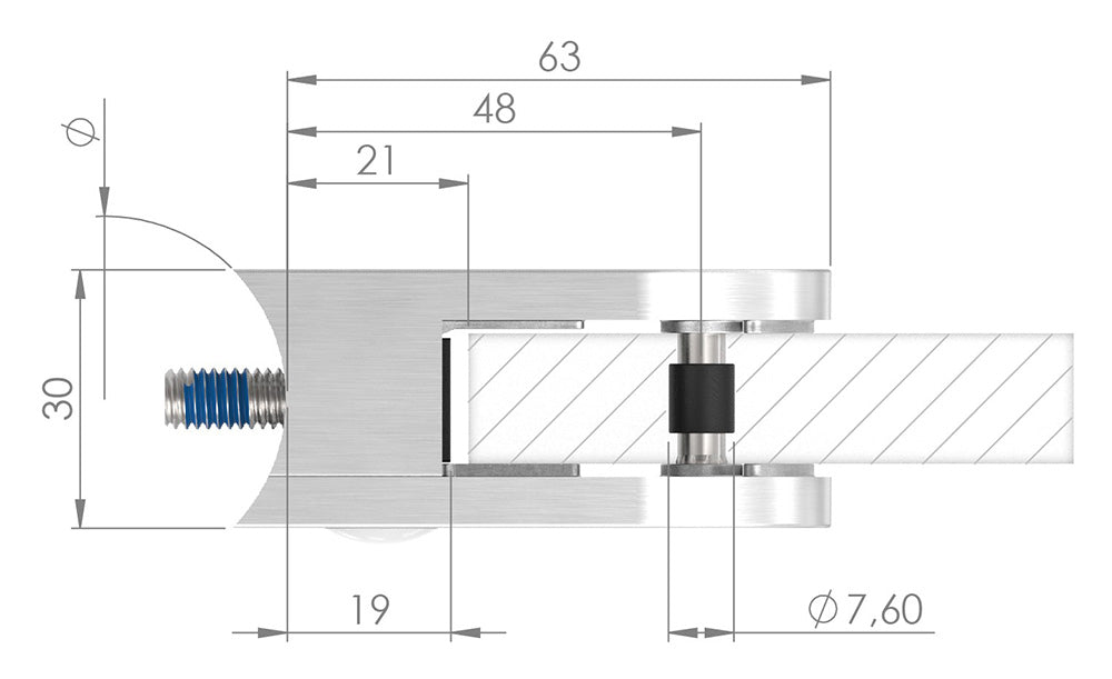Glasklemme Modell 38, Anschluss für ø 33,7mm Rohr, für Glasstärke 1,5 - 12,76mm
