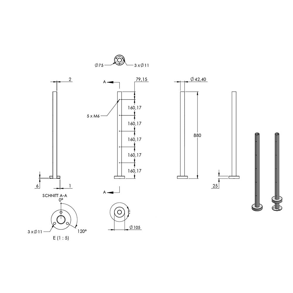 Edelstahlpfosten zur Bodenmontage 42,4mm, L= 880mm mit 5x Gewinde für Stabhalter