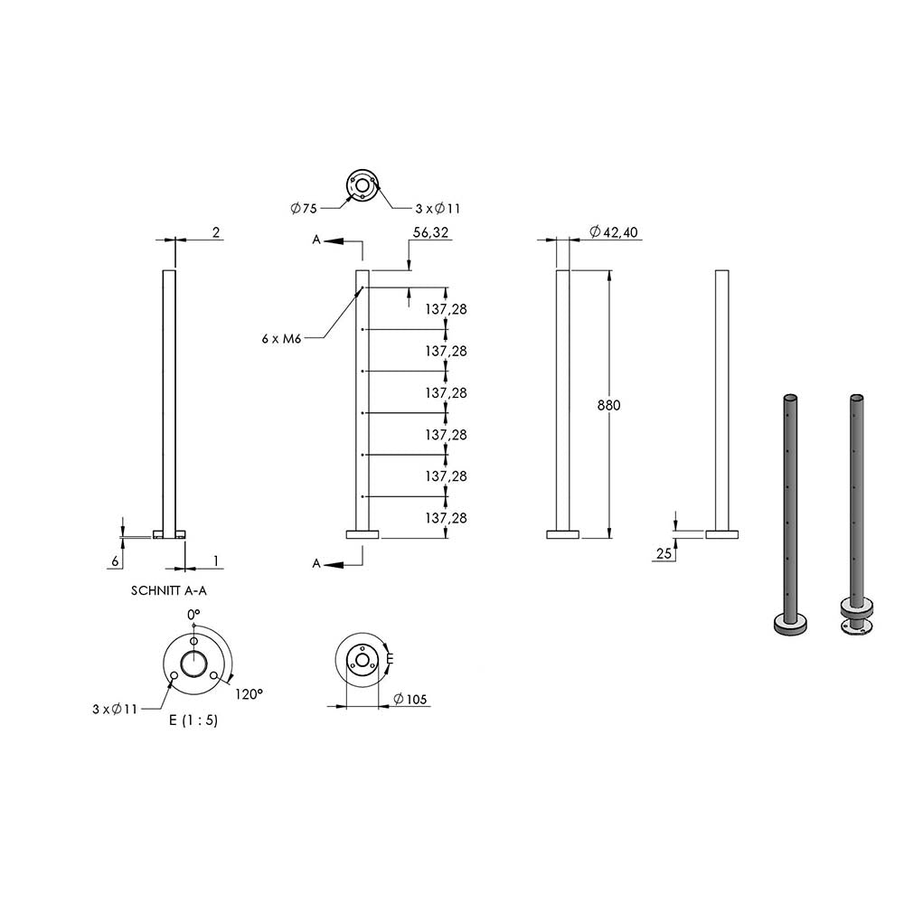 Edelstahlpfosten zur Bodenmontage 42,4mm, L= 880mm mit 6x Gewinde für Stabhalter