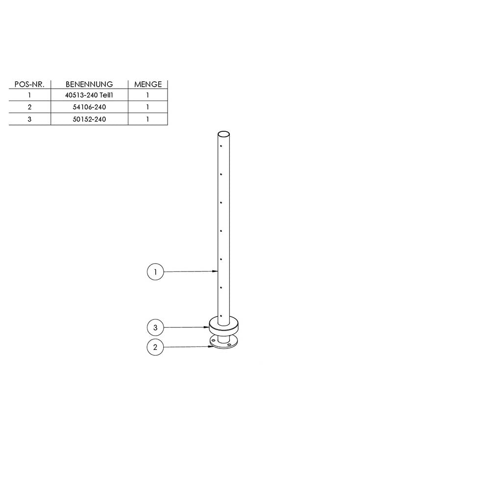 Edelstahlpfosten zur Bodenmontage 42,4mm, L= 880mm mit 7x Gewinde für Stabhalter