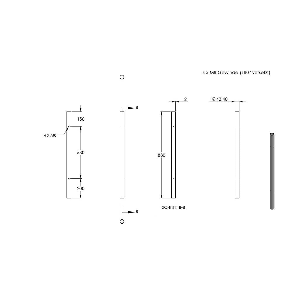 Edelstahlpfosten "Mittelpfosten" zur Bodenmontage 42,4mm, L= 880mm mit 4x Gewinde für Glasklemme nach Wahl