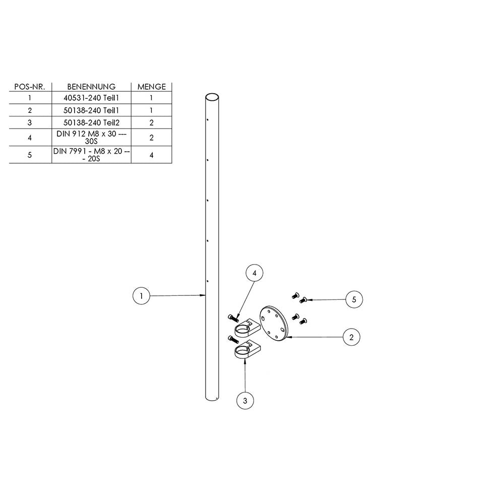 Edelstahlpfosten zur Wandmontage 42,4mm, L= 1190mm mit 5x Gewinde für Stabhalter