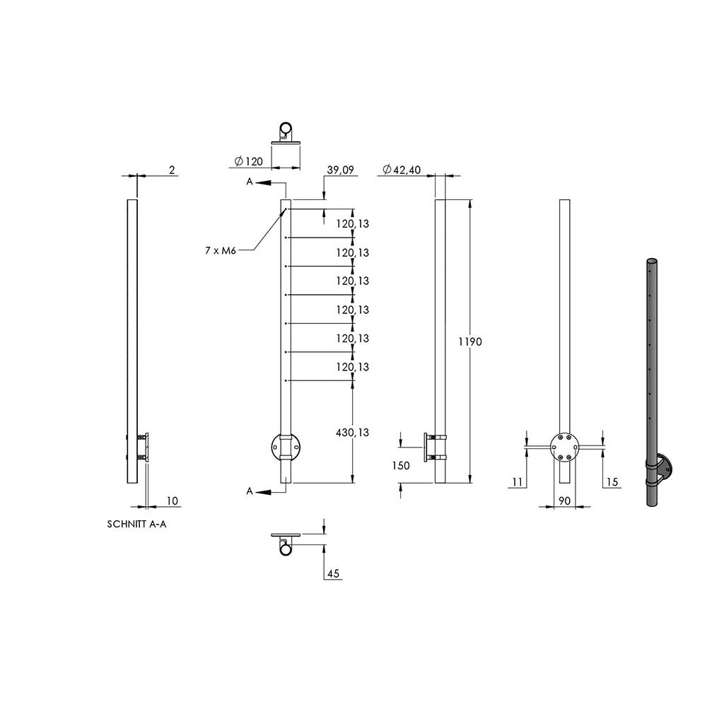 Edelstahlpfosten zur Wandmontage 42,4mm, L= 1190mm mit 7x Gewinde für Stabhalter