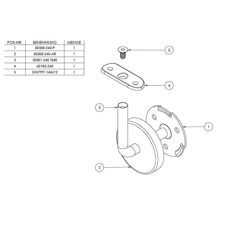 Handlaufhalter zur Wandbefestigung inkl. Cliprosette 70 x 12mm, für Rohr ø 42,4mm