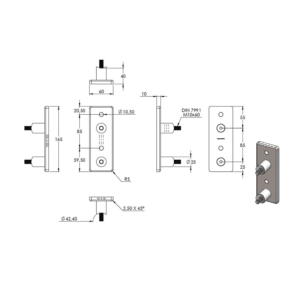 Wandhalter für Geländerpfosten, Platte 165 x 60 x 10mm, für Rohr ø 42,4mm