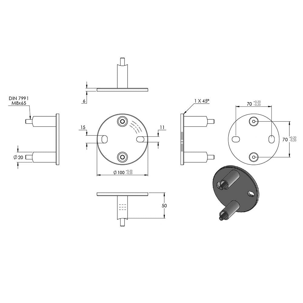 Wandanker mit M8 x 70 Schrauben für Geländerpfosten, Platte 100 x 6mm, für 42,4mm Rohr