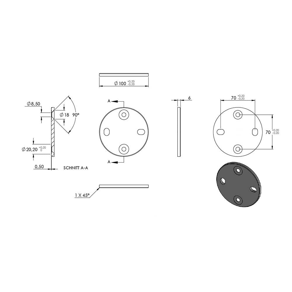 Wandanker mit M8 x 70 Schrauben für Geländerpfosten, Platte 100 x 6mm, für 42,4mm Rohr