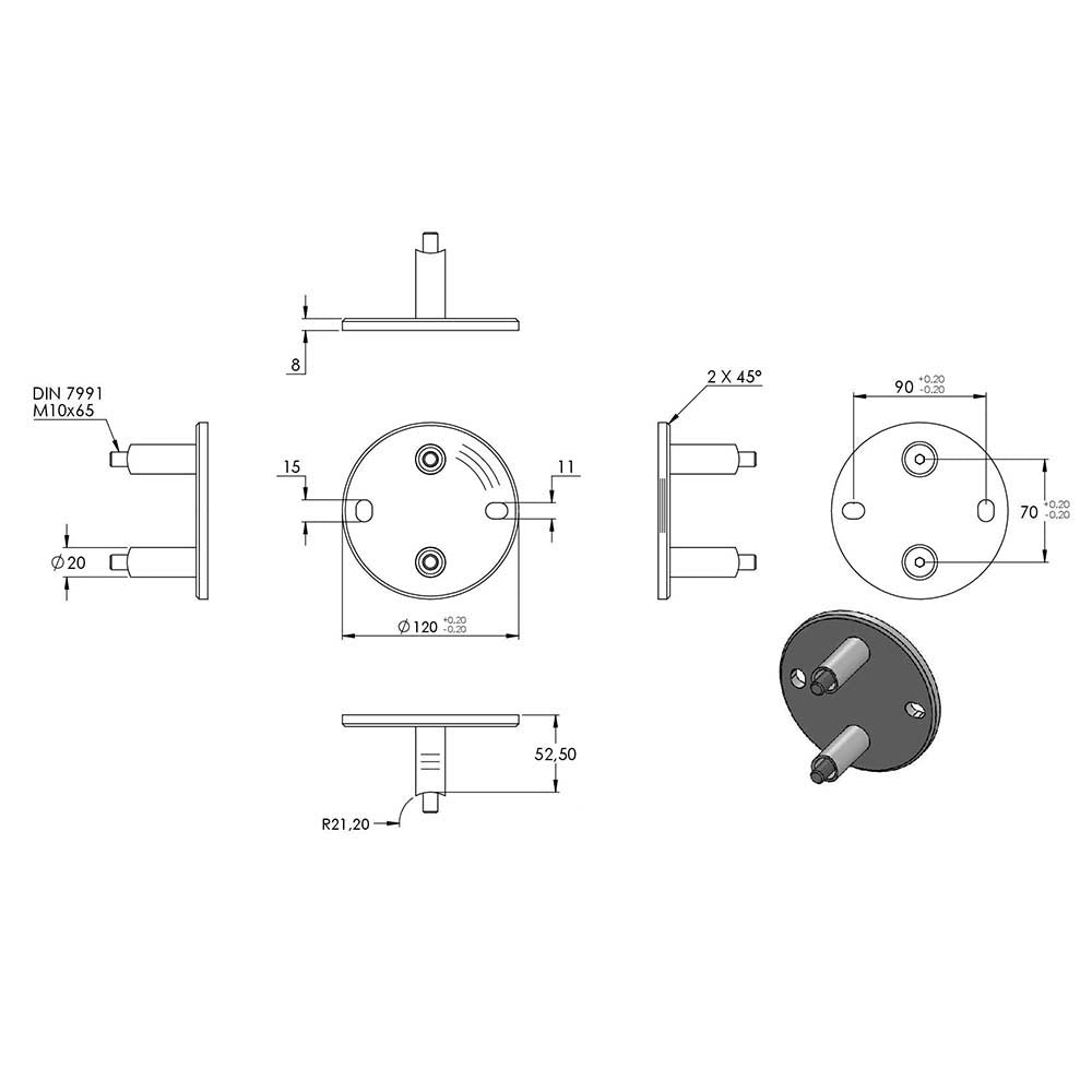 Wandanker mit M10 x 70 Schrauben für Geländerpfosten, Platte 120 x 8mm, für 42,4mm Rohr